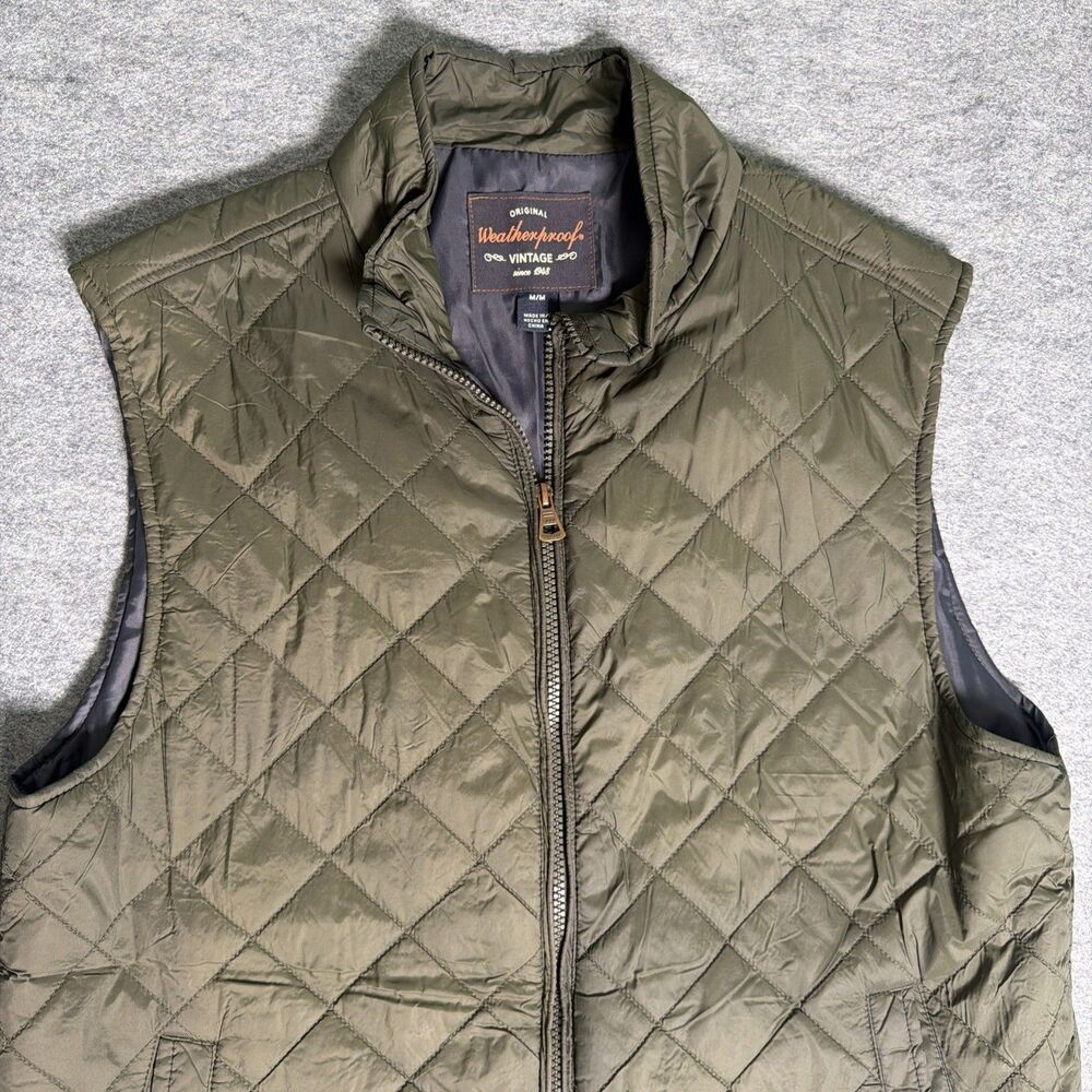 Weatherproof Vintage Mens Olive Green Quilted Best Slash Pockets Sporty - Size M